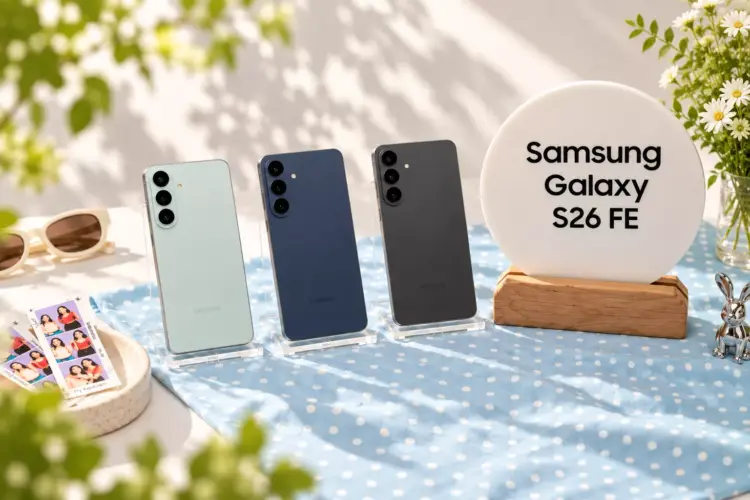 Tiga pilihan warna Samsung Galaxy S26 FE dipajang bersama papan nama bertuliskan Samsung Galaxy S26 FE.