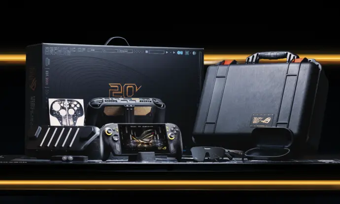 Kelengkapan paket edisi terbatas ROG XBOX Ally X20 Bundle berisi kacamata AR, Pelican Protector Case, dan aksesori dbrand.