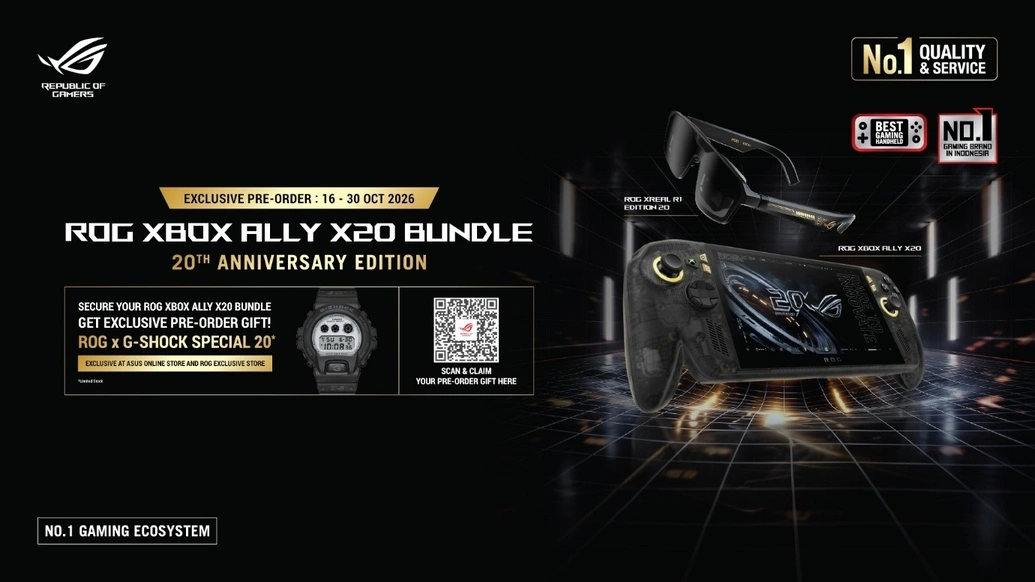 Poster promosi pre-order ROG XBOX Ally X20 Bundle edisi 20th Anniversary berhadiah jam tangan G-Shock eksklusif.